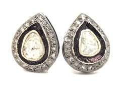 Flattering Mine Cut Diamond Dark Silver Teardrop Earrings ridged with Diamond Accents
