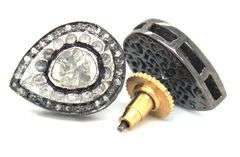 Fancy Dark Silver Mine Cut Diamond Teardrop Earrings with Diamond Accents