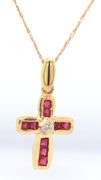 10kt Yellow gold Ruby and diamond accent cross pendant on chain necklace