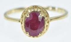 10K Yellow Gold Ornate Oval Natural Ruby Solitaire Statement Ring