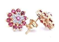 14kt Yellow gold Ruby and diamond flower earrings