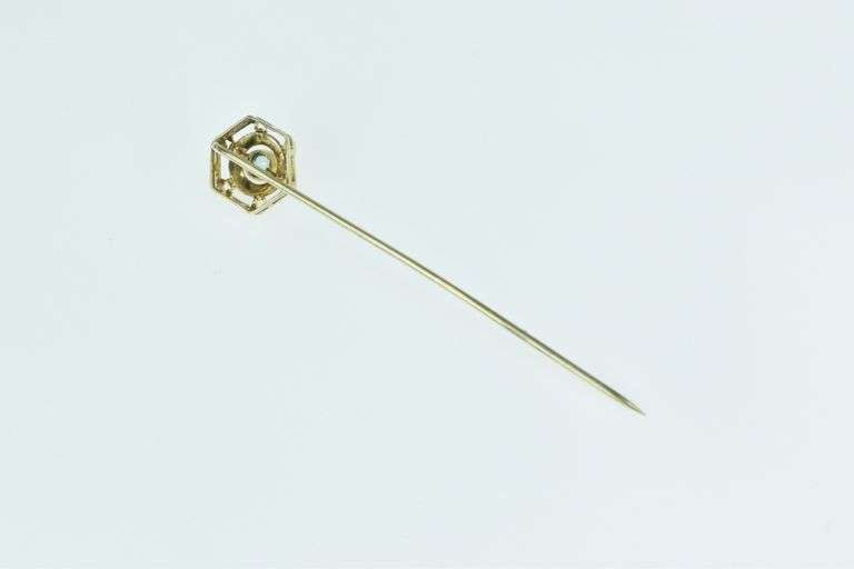 14K Yellow Gold Art Deco Syn. Aquamarine Vintage Ornate Stick Pin