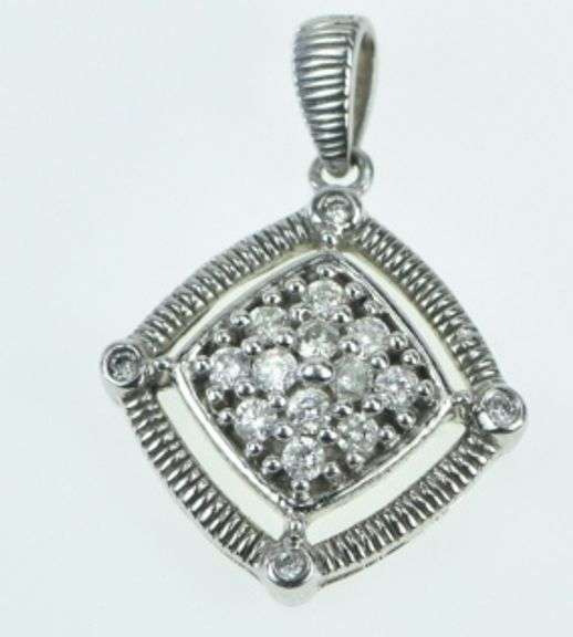 10K White Gold Squared Diamond Pave Domed Statement Pendant