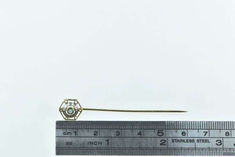 14K Yellow Gold Art Deco Syn. Aquamarine Vintage Ornate Stick Pin