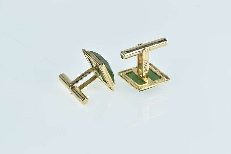 14K Yellow Gold Square Nephrite Vintage Ornate Cuff Links