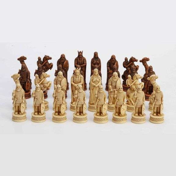 Hand Painted Viking Chessmen Set Norse Warrior Pieces
