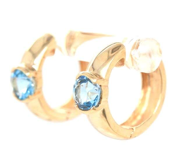 10kt Yellow gold blue topaz bezel set hoop earrings