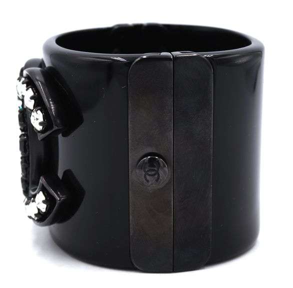 Chanel black Resin crystal CC wide cuff bracelet
