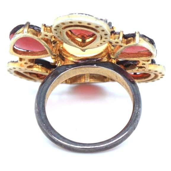 Romantic Garnet Petaled Opal Flower Ring with Gold Plated Silver and Diamond Accents