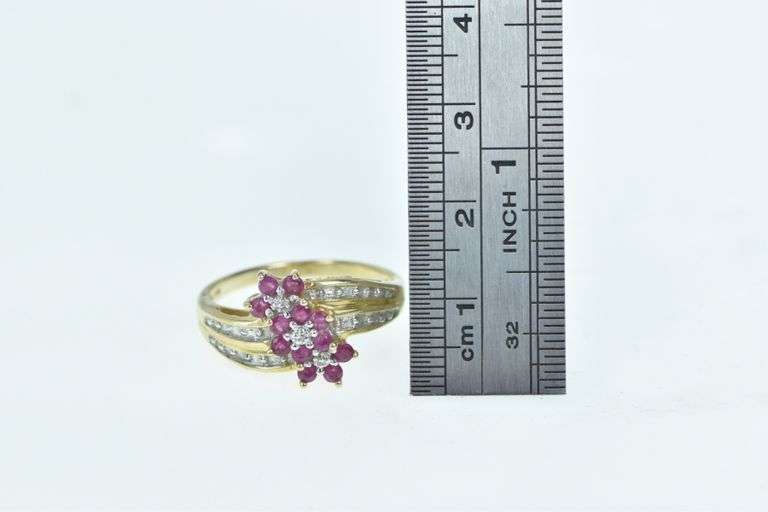 10K Yellow Gold Ruby Flower Cluster Diamond Accent Bypass Ring