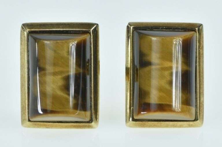 9K Yellow Gold 1960's Tiger's Eye Vintage Curved Men's Cuff Links