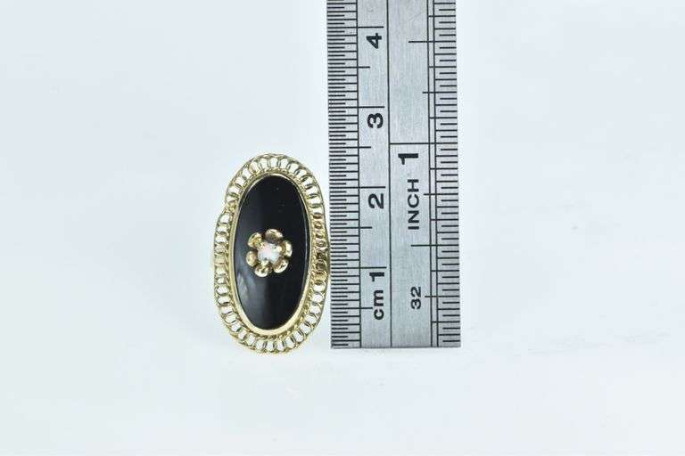14K Yellow Gold Black Onyx Opal Filigree Halo Statement Ring
