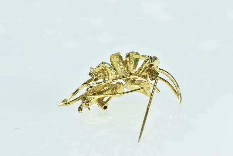 14K Yellow Gold Jade Pink Sapphire Floral Leaf Bunch Pin/Brooch