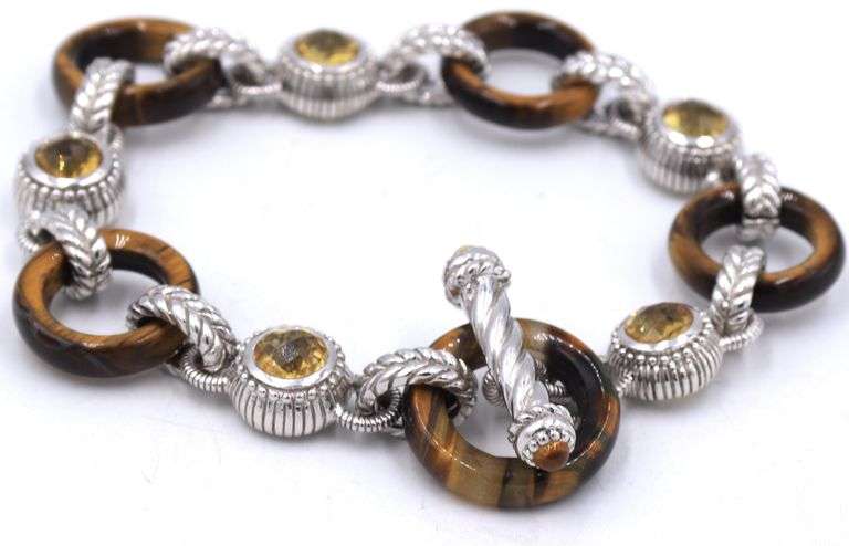 925 Sterling silver Judith Ripka citrine and Tiger eye link bracelet