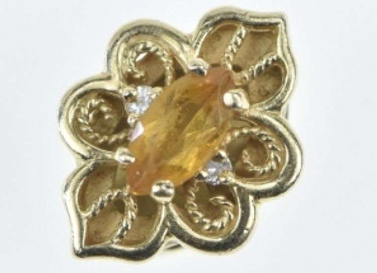 14K Yellow Gold Citrine Diamond Ornate Slide Bracelet Charm/Pendant