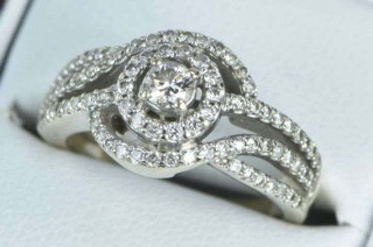 14K White Gold 1.00 Ctw Diamond Halo Swirl Engagement Ring