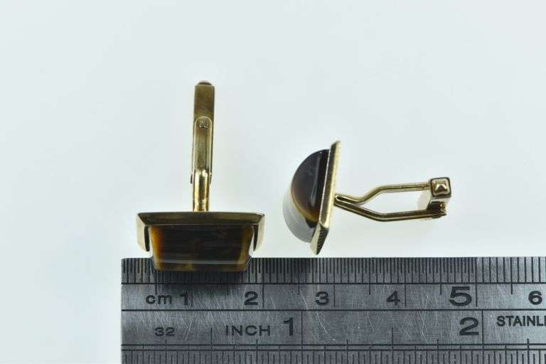 9K Yellow Gold 1960's Tiger's Eye Vintage Curved Men's Cuff Links