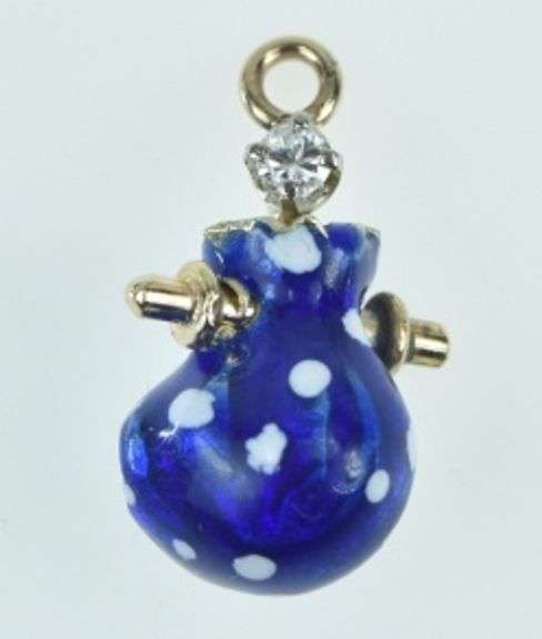 14K Yellow Gold Blue Enamel Diamond Rucksack Traveler Charm/Pendant