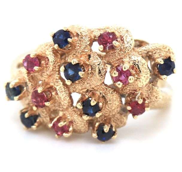 14kt Yellow gold Ruby and sapphire cluster ring