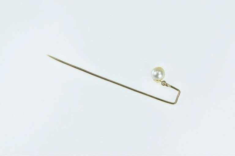 10K Yellow Gold 6.5mm Vintage Pearl Dangle Charm Ornate Stick Pin