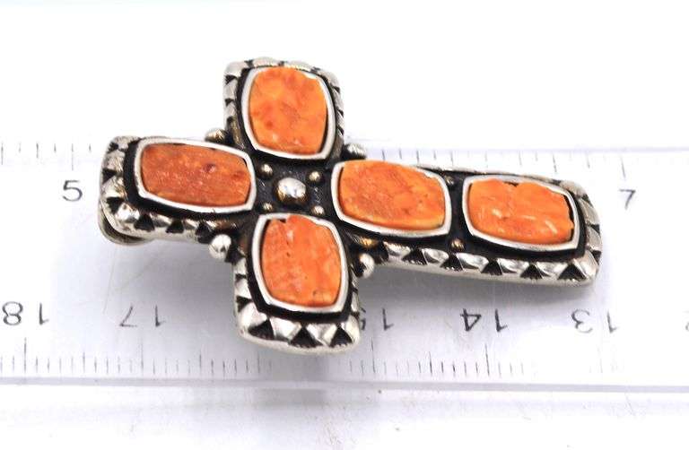 Vintage 925 sterling silver signed Amber cross pendant