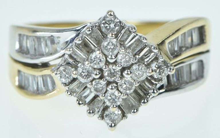 14K Yellow Gold Square Cluster Diamond Baguette Vintage Ring