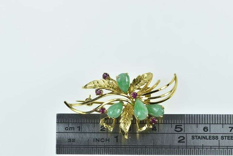 14K Yellow Gold Jade Pink Sapphire Floral Leaf Bunch Pin/Brooch