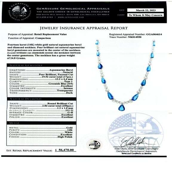 14K WHITE GOLD AQUAMARINE AND DIAMOND NECKLACE 22.36 C.T.W.