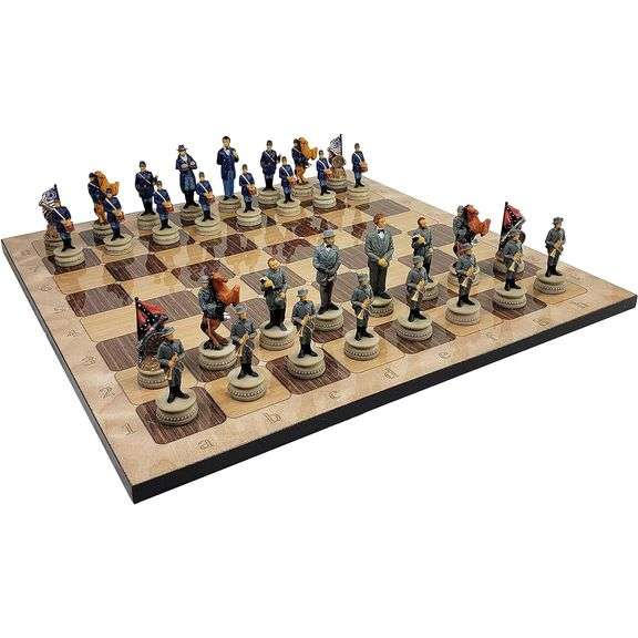 Hand-Painted US Civil War Generals Chess Set on Rustic 17" Board