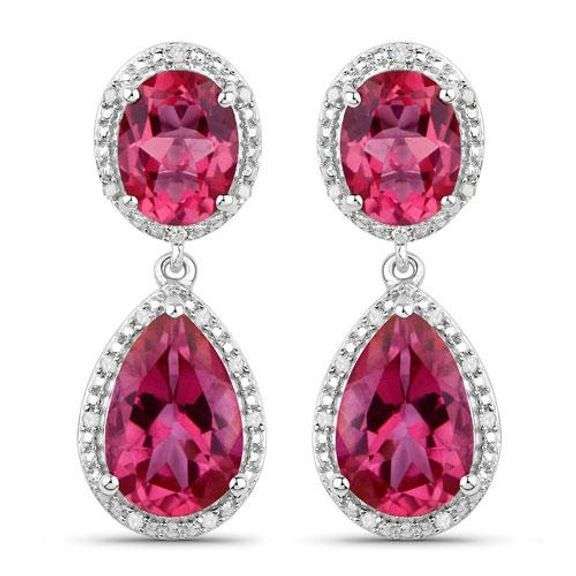11.35 Carat Pink Topaz and White Diamond .925 Sterling Silver Earrings