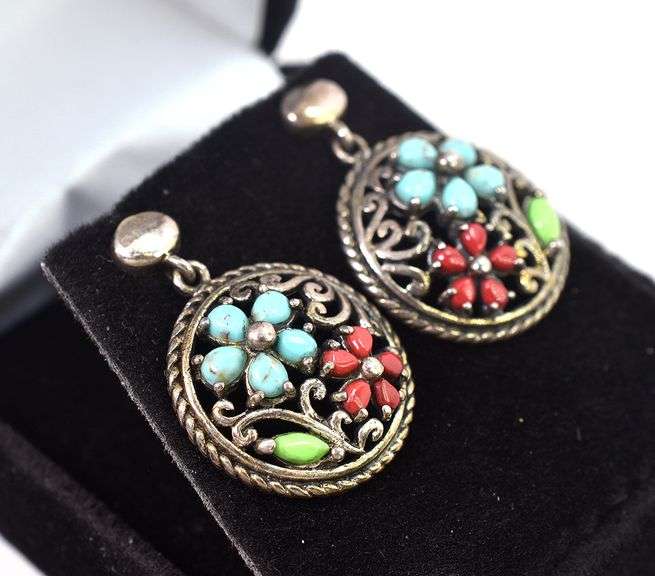 Multi-Gemstone Flower Dangle Earrings in Sterling Silver