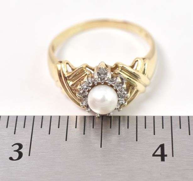 Fantastic 10K Yellow Gold Pearl and Diamond Ring