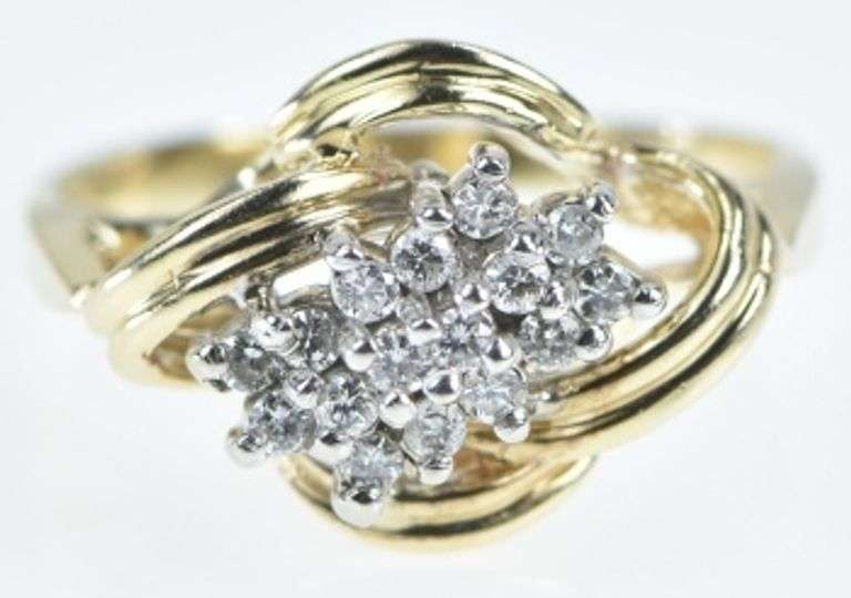 14K Yellow Gold Vintage Diamond Slanted Cluster Bypass Ring