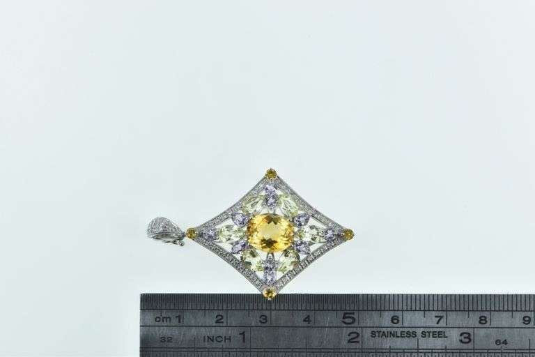 14K White Gold Citrine Ornate Diamond Cluster Statement Pendant