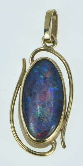 14K Yellow Gold Black Opal Triplet Vintage Oval Statement Pendant