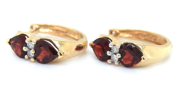 14kt Yellow gold garnet and diamond accent hoop earrings