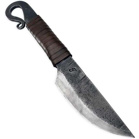 Hand Forged Volute Knife with Leather Case Vintage Art Collectible