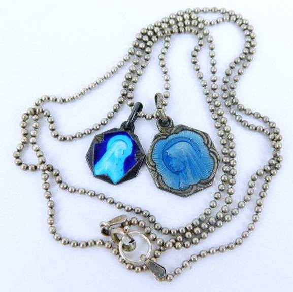 Antique French Enameled Madonna Medals on Sterling Chain
