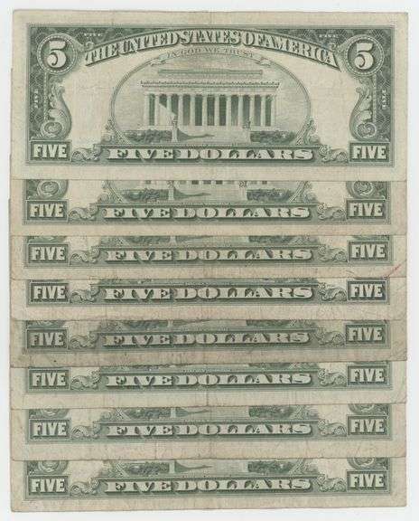 Scarcer lot of 8 Series of 1963 $5 Red Seal STAR notes