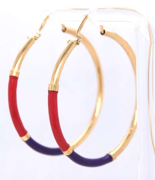 18kt Yellow gold Pink Purple Enamel hoop earrings