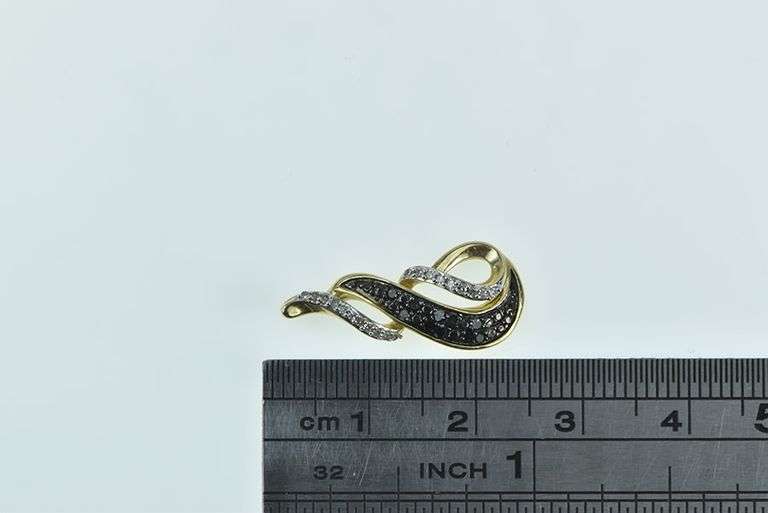 10K Yellow Gold Black & White Diamond Wave Loop Vintage Pendant