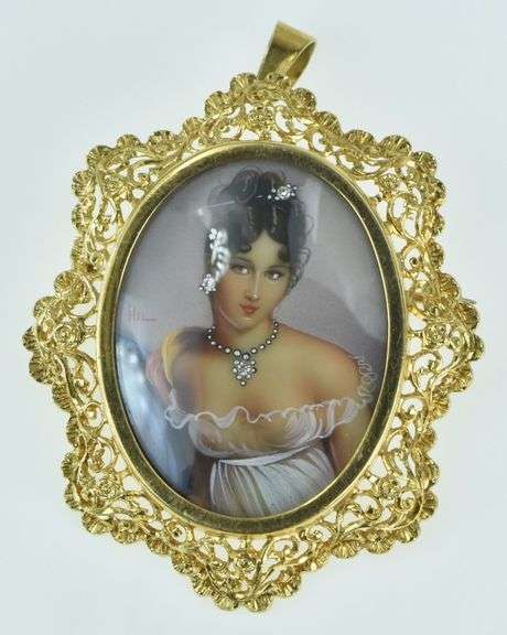 18K Yellow Gold Painted Lady Gem Haired Ornate Filigree Pin/Brooch