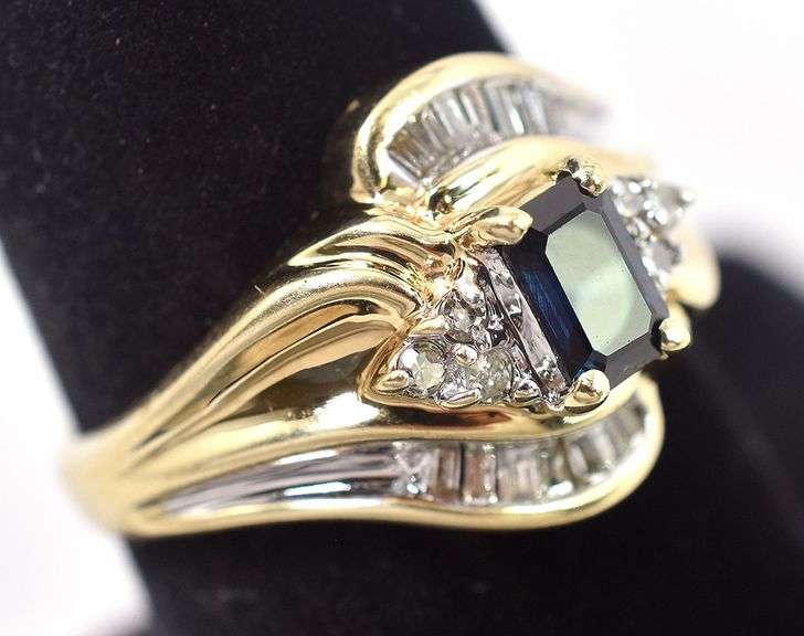 Astounding 10K Yellow Gold Blue Sapphire and Diamond Gemstone Ring