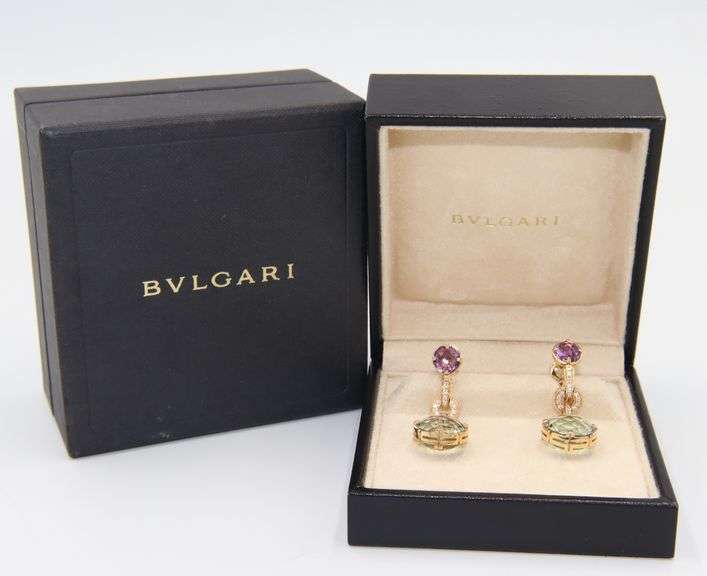 Bvlgari Parentesi Diamond Green Quartz and Amethyst Cocktail Earrings in 18K W/Box