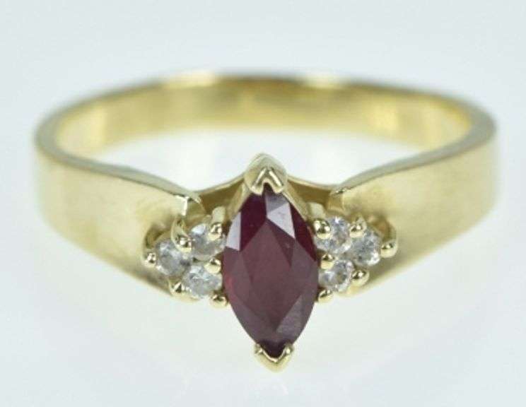 14K Yellow Gold Marquise Ruby Diamond Cluster Vintage Ring