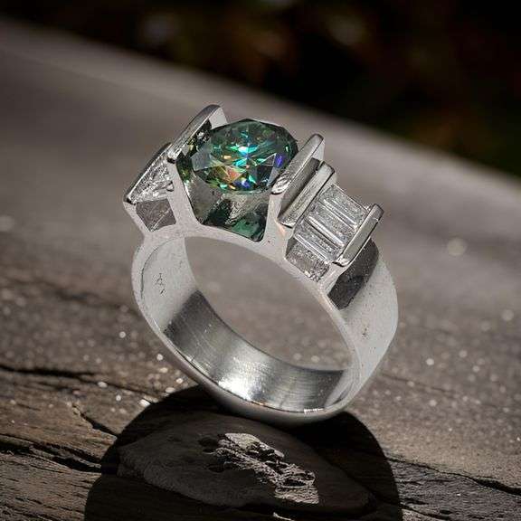 14 Kt White Gold Plated 3.25 Ct Paraiba Green Fire Moissanite Ring