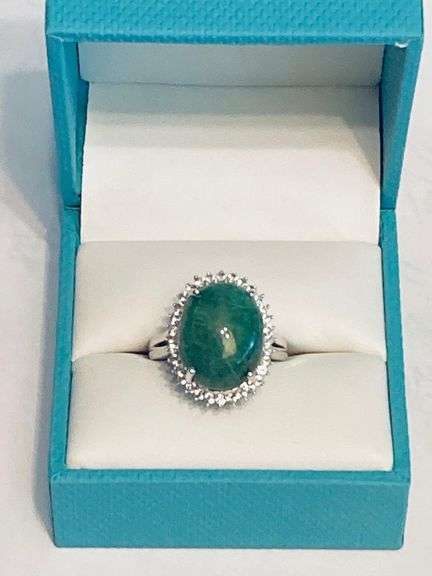 Wonderful Massive 12.50CTS Oval Cabochon-Cut Natural Emerald & 0.80CTW White Sapphire Ring in Sterli