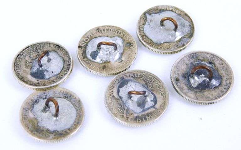 6 Silver 1940's Mercury Dime Buttons