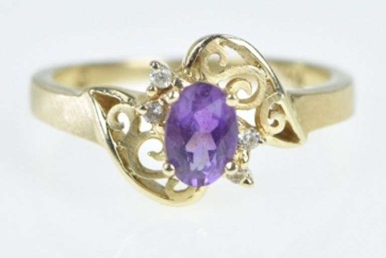 14K Yellow Gold Oval Amethyst Diamond Accent Filigree Ring