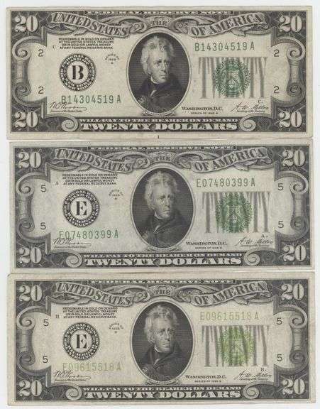 3 Nicer circulated 1928-B Series $20 Federal Reserve Notes